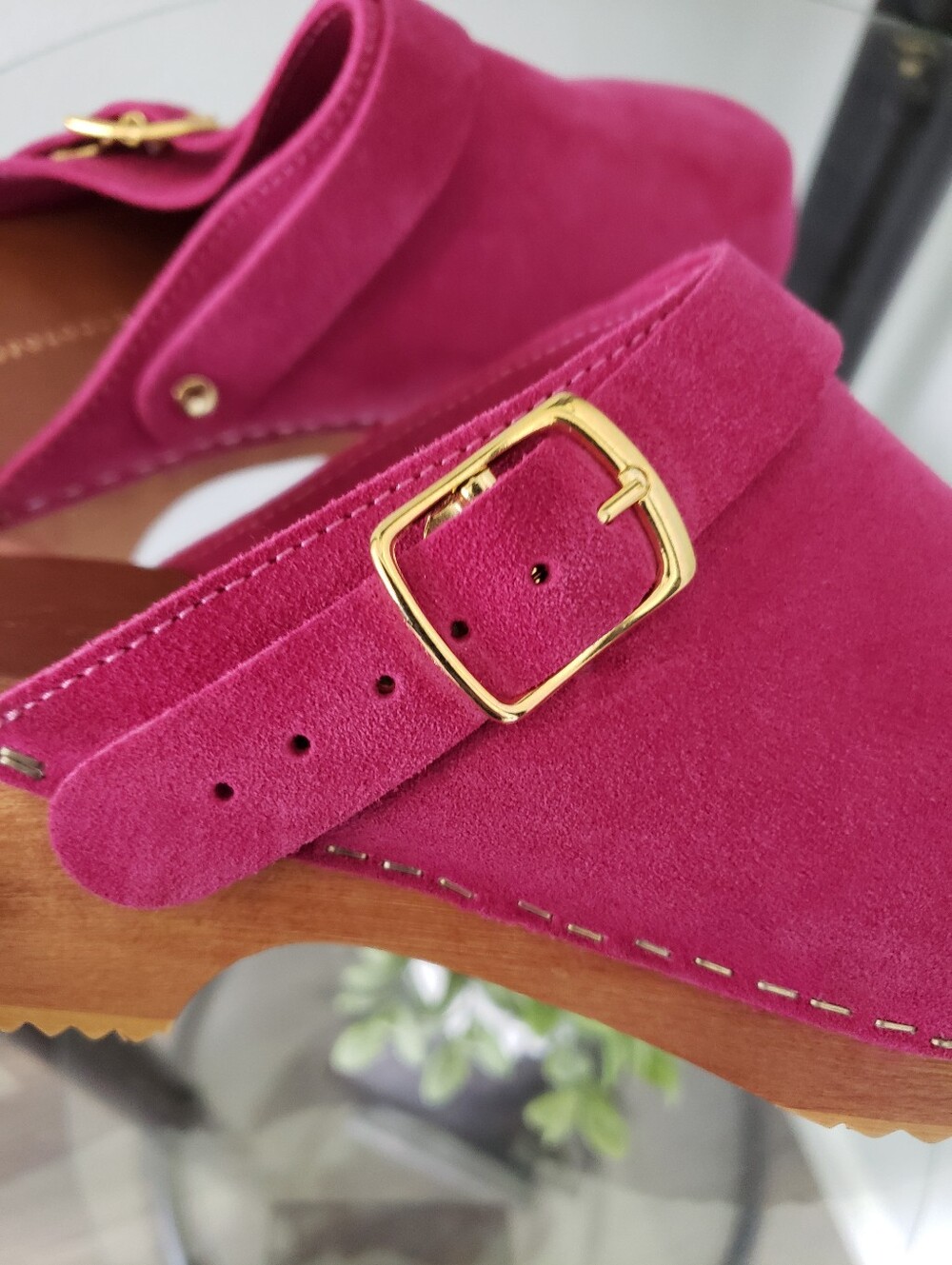 Anthropologie Magenta Suede Clog Mules with Gold Buckle - Picture 3 of 10